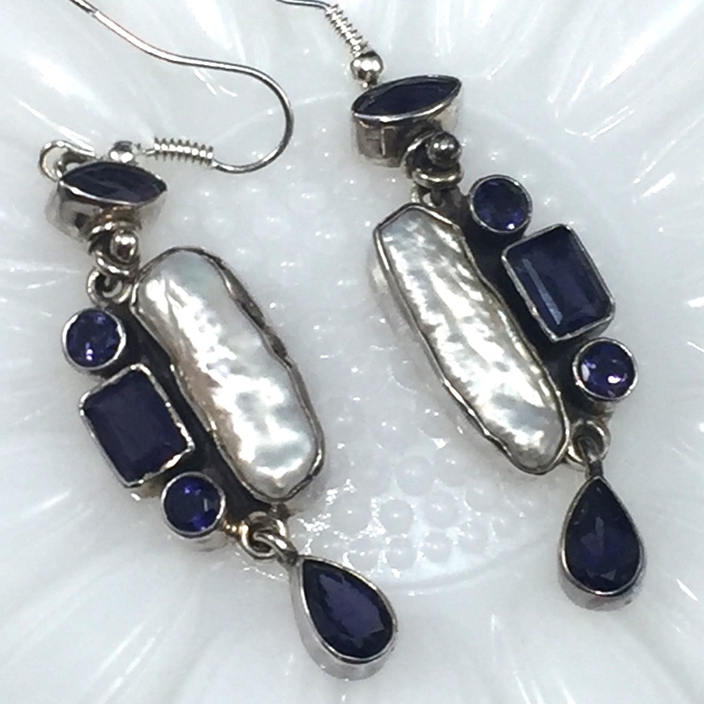 Iolite and biwa pearl earrings, sterling silver